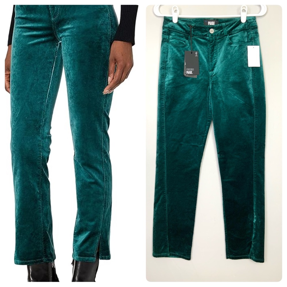 NWT PAIGE Sz 25 Cindy Twisted Seam Emerald Green Velvet Jeans Split Ankle Hem